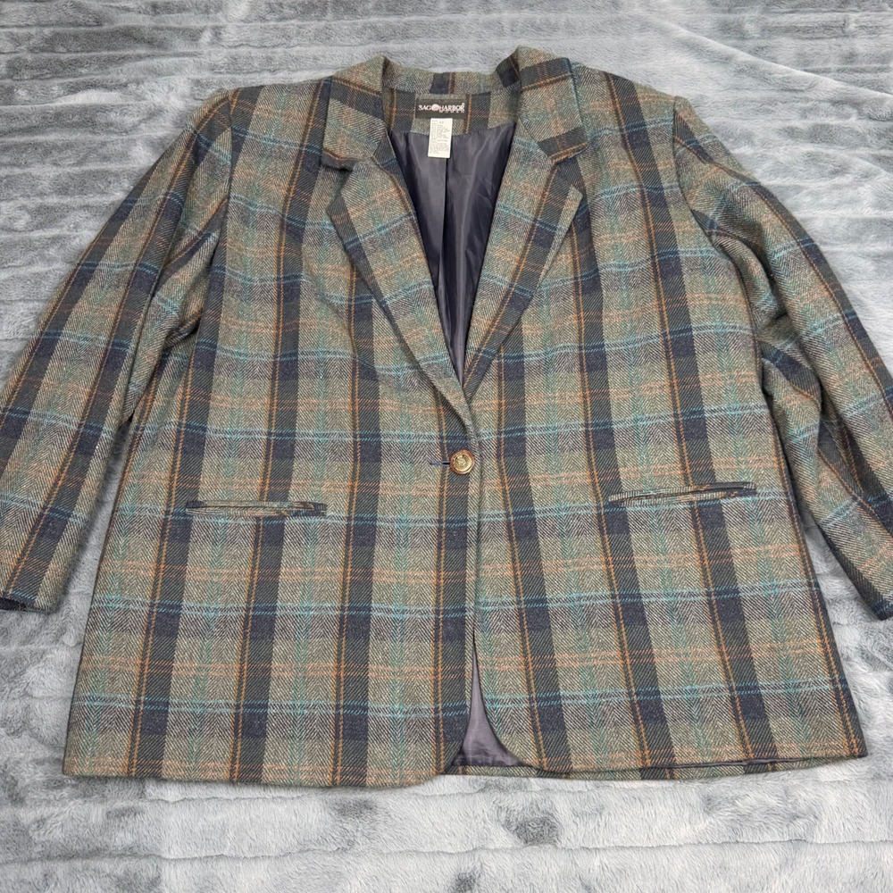 Sag Harbor Woman Wool Blend Plaid Blazer Green Blue Orange Size 22 Style 4629
